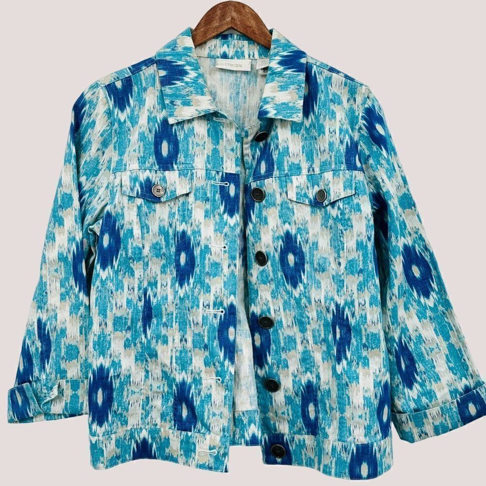 Chicos (0) Ikat Linen Jacket Denim Style Womens Small Blue Aqua Metallic Silver